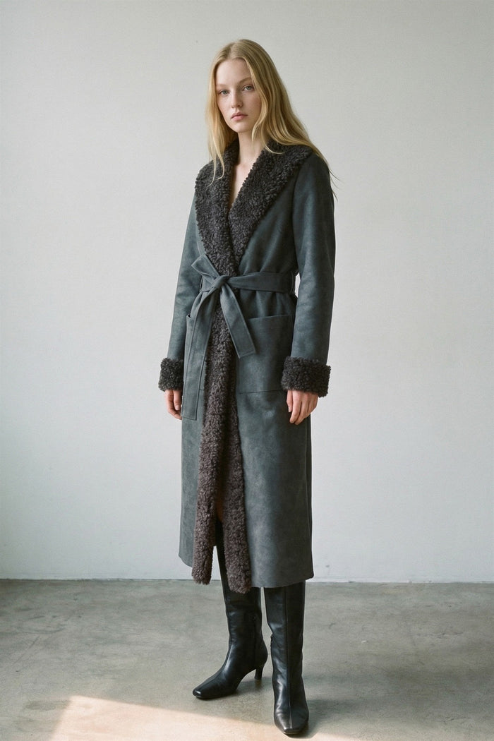 Faux Fur Trim Leather Look Coat