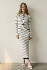 Striped Knit Cardigan Maxi Skirt Set