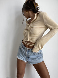 Ruched Button Up Slinky Knit Top