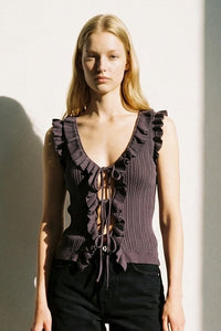 Knit Ruffle V-Neck Tie Front Sleeveless Top