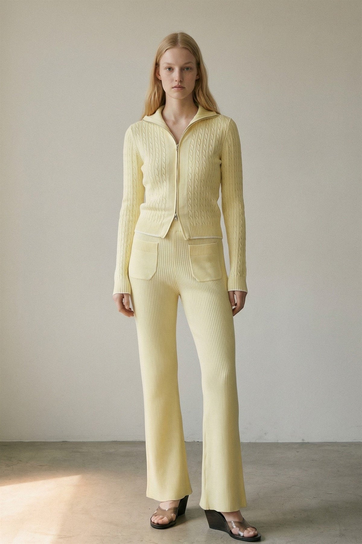 Knit Zip-Up Top Flared Pants Set