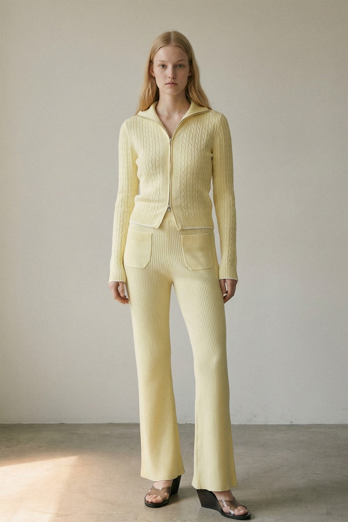 Knit Zip-Up Top Flared Pants Set