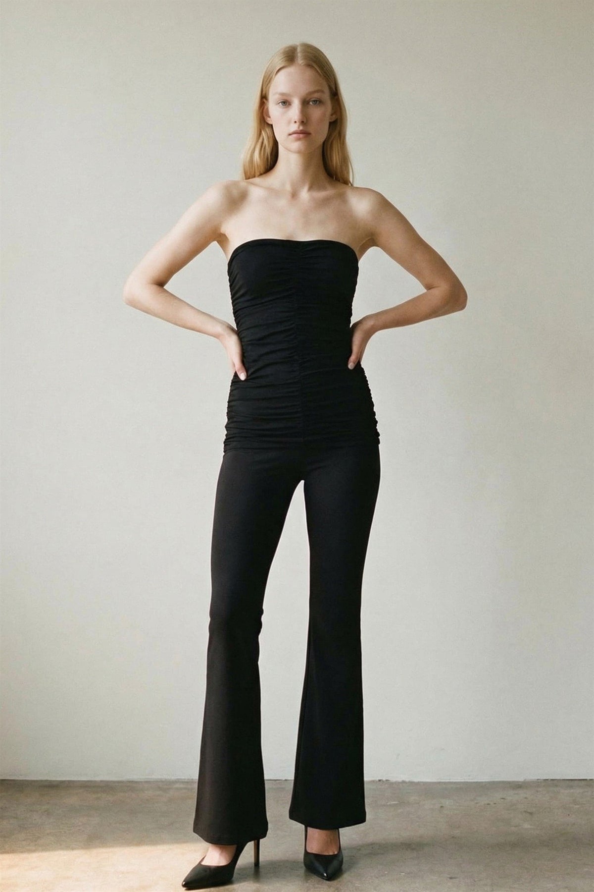 2 Piece Ruched Detail Tube Top Flare Pants Sets