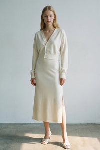 Knit Wrap Cardigan Flared Midi Skirt Set