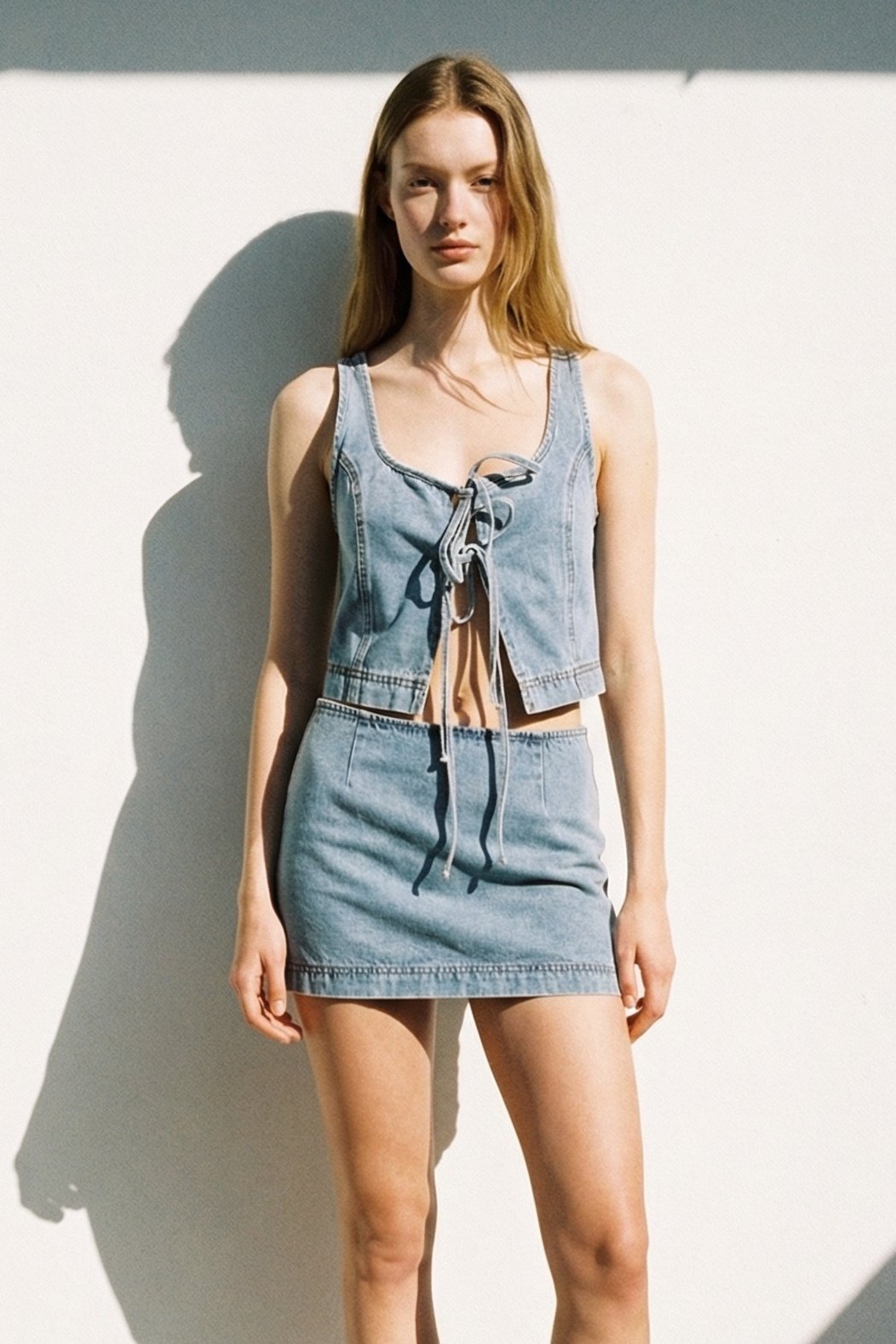 Denim Front Tie Top Skort Set