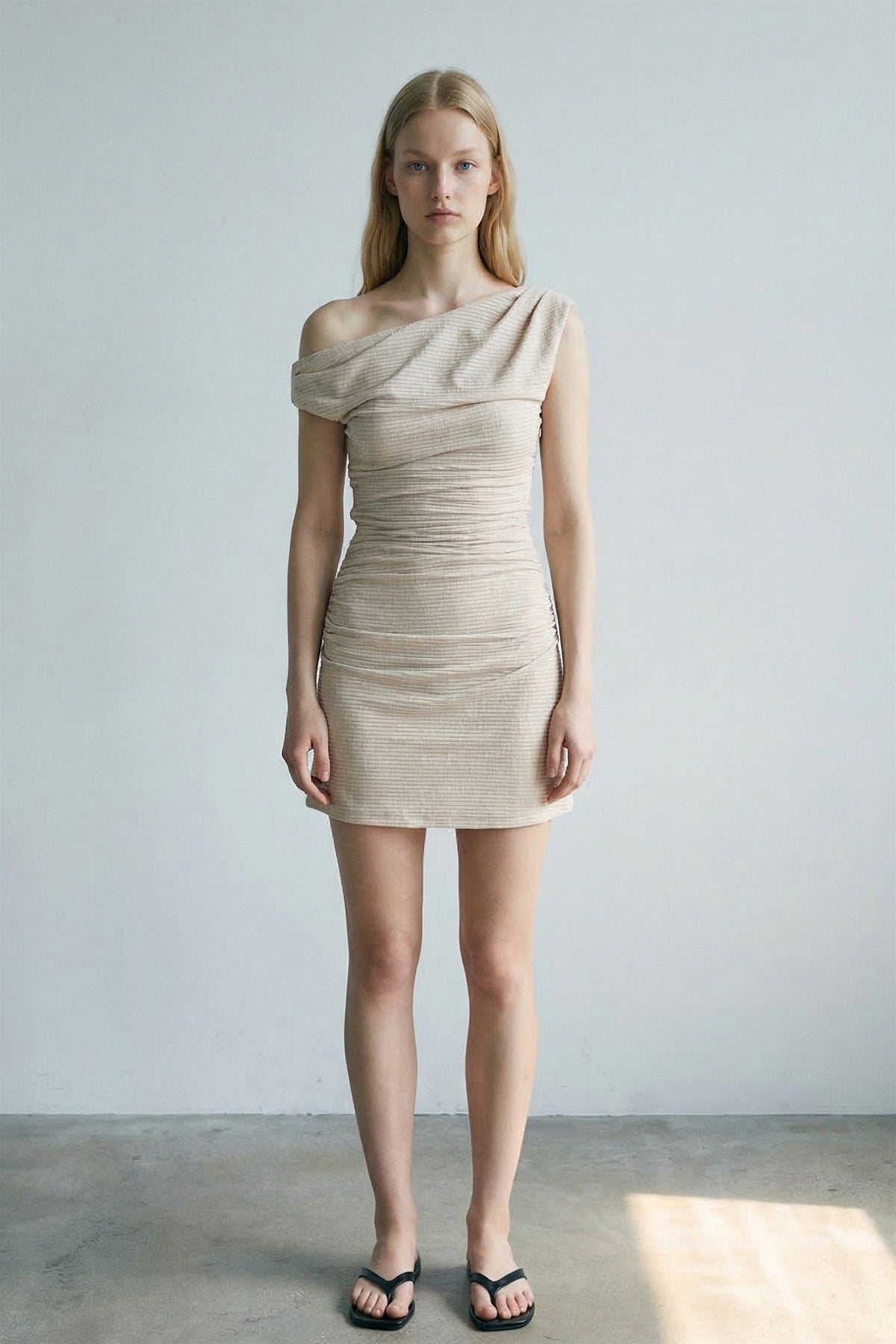 Asymmetric Boat Neck Knit Mini Dress