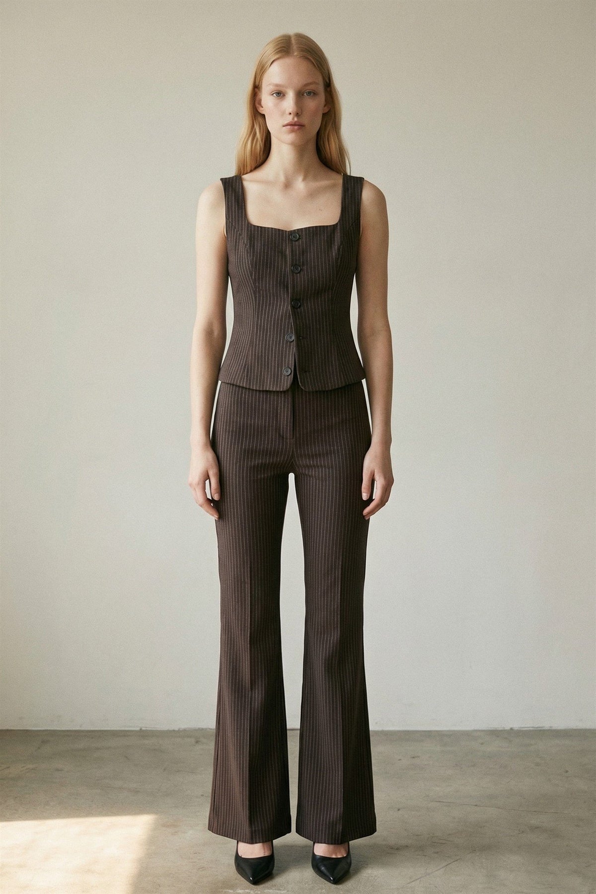 Pinstripe Knit Vest Flare Pants Set