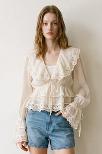 V Neck Lace Trim Ruffle Hem Blouse