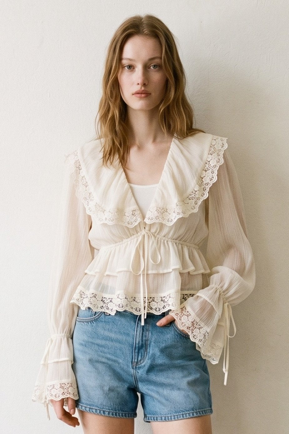 V Neck Lace Trim Ruffle Hem Blouse