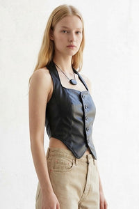 Black Faux Leather Halter Vest Top | Button Front Corset Vest Women