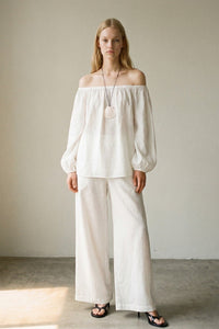 2 Piece Linen Off The Shoulder Top & Pants Sets