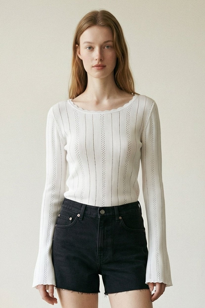 Pointelle Knit Boat Neck Top