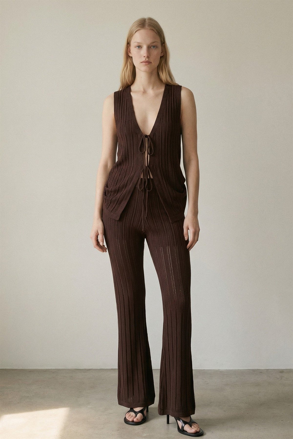 Openwork Tie Front Knit Vest Set