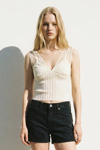 Contrast Sheer Lace Ribbed Bodice Top