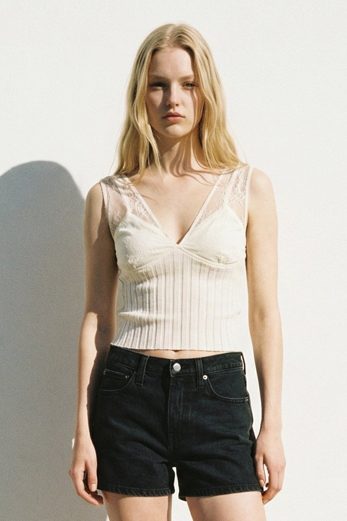 Contrast Sheer Lace Ribbed Bodice Top