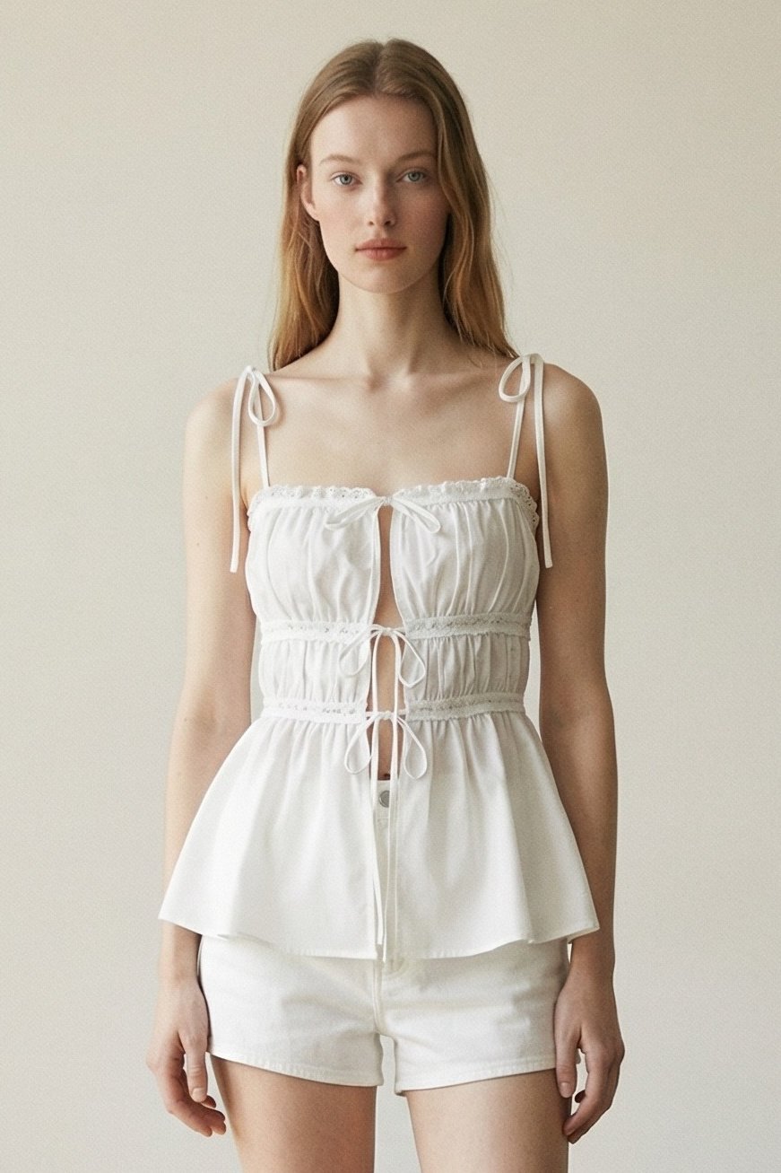 Shirred Lace Trim Tie Front Top
