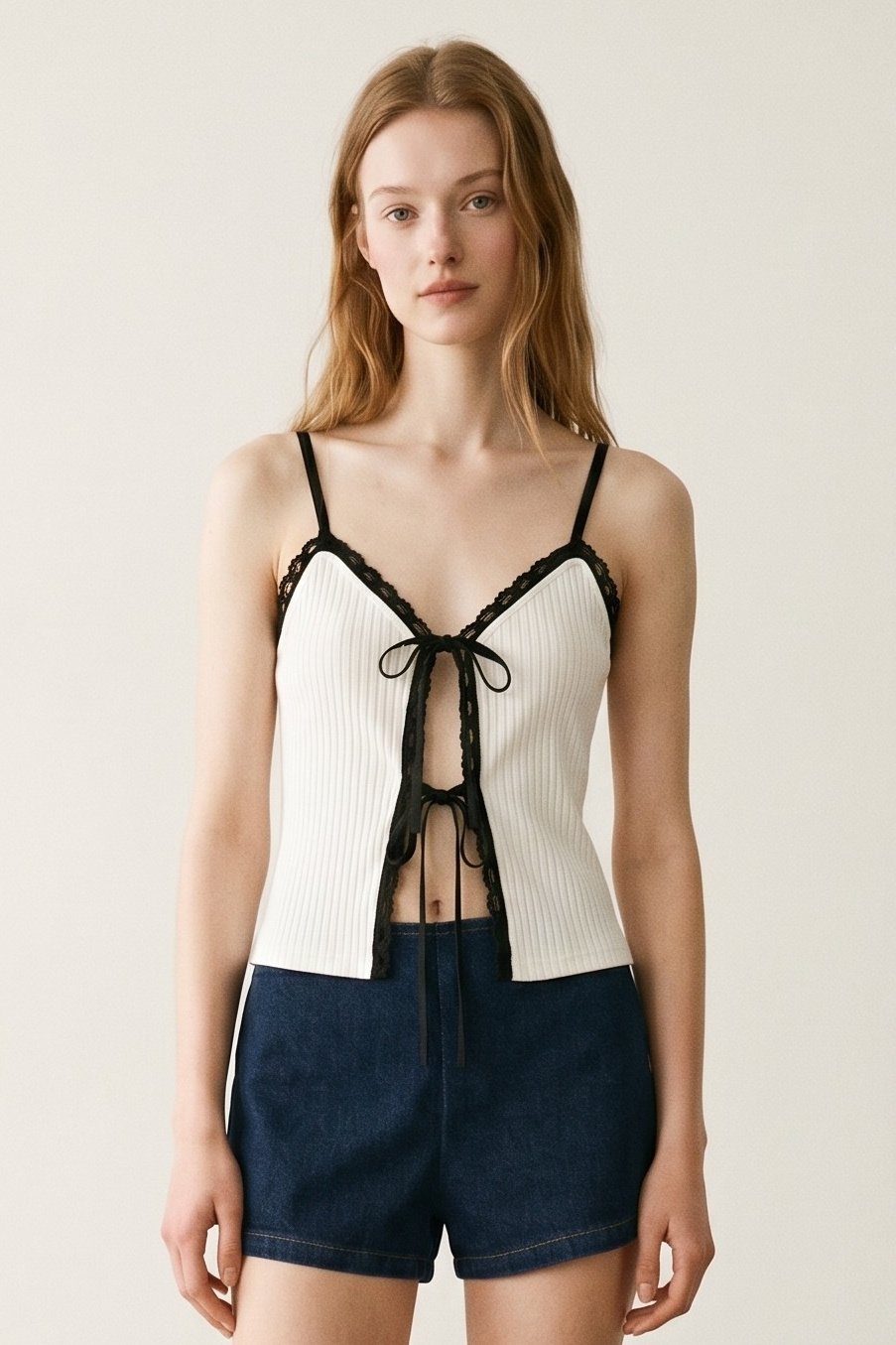 Contrast Lace Trim Front Tie Top