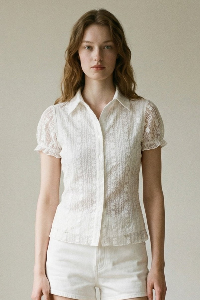 Lace Short Sleeve Button Down Top