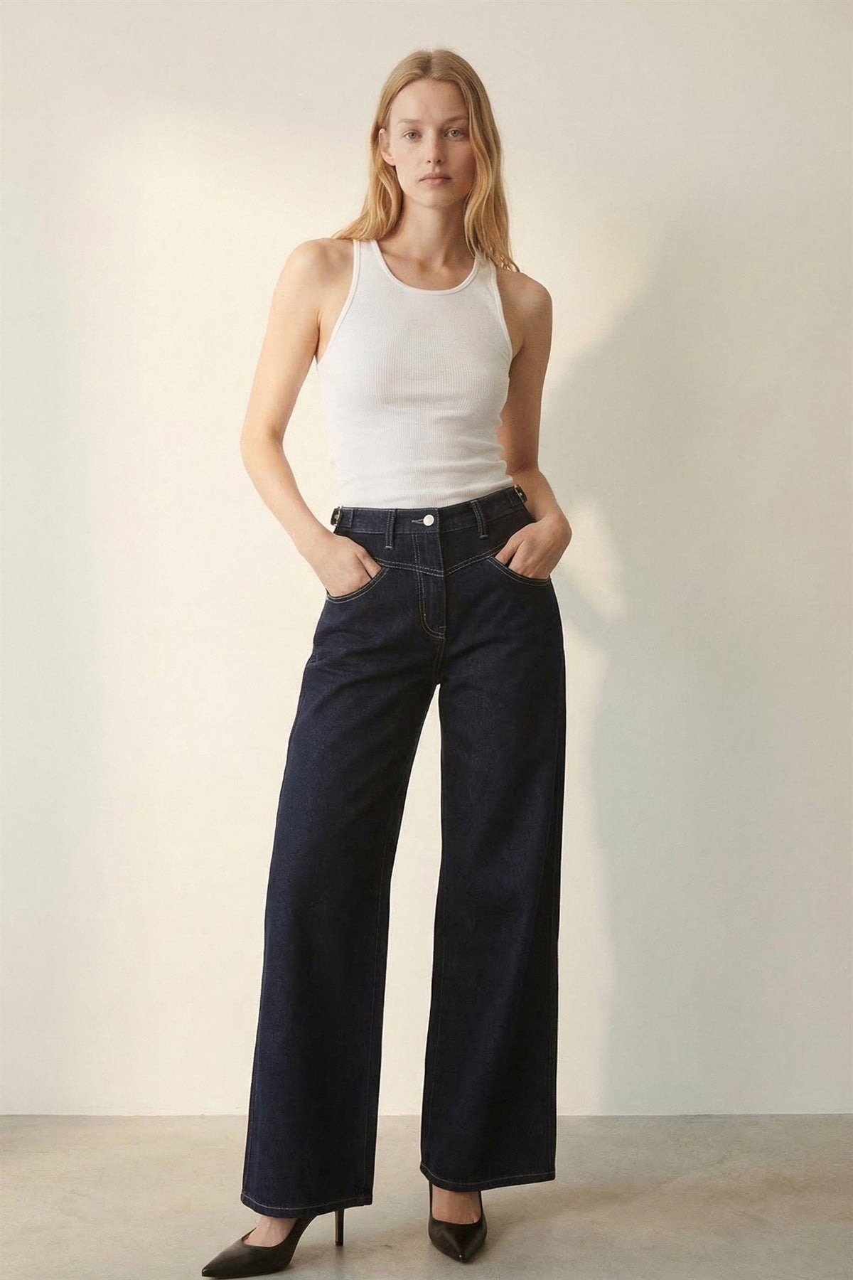Buckle Waist Wide Leg Jean
