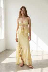 Lace Trim Tie Top And Split Maxi Skirt Set
