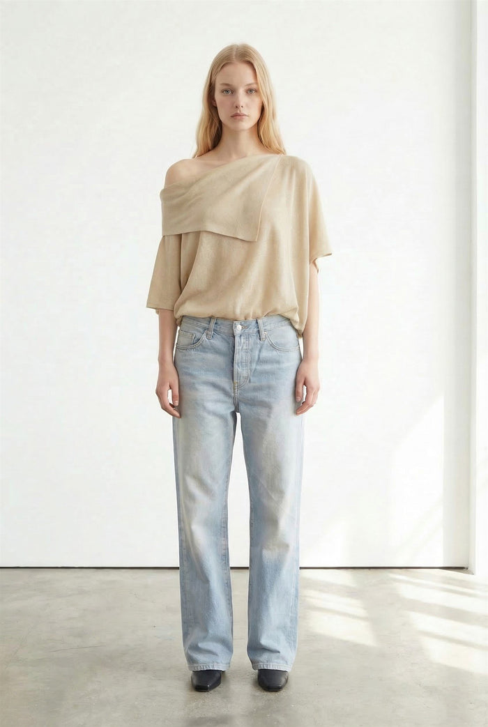 Asymmetric Neck Flowy Layer Knit Top