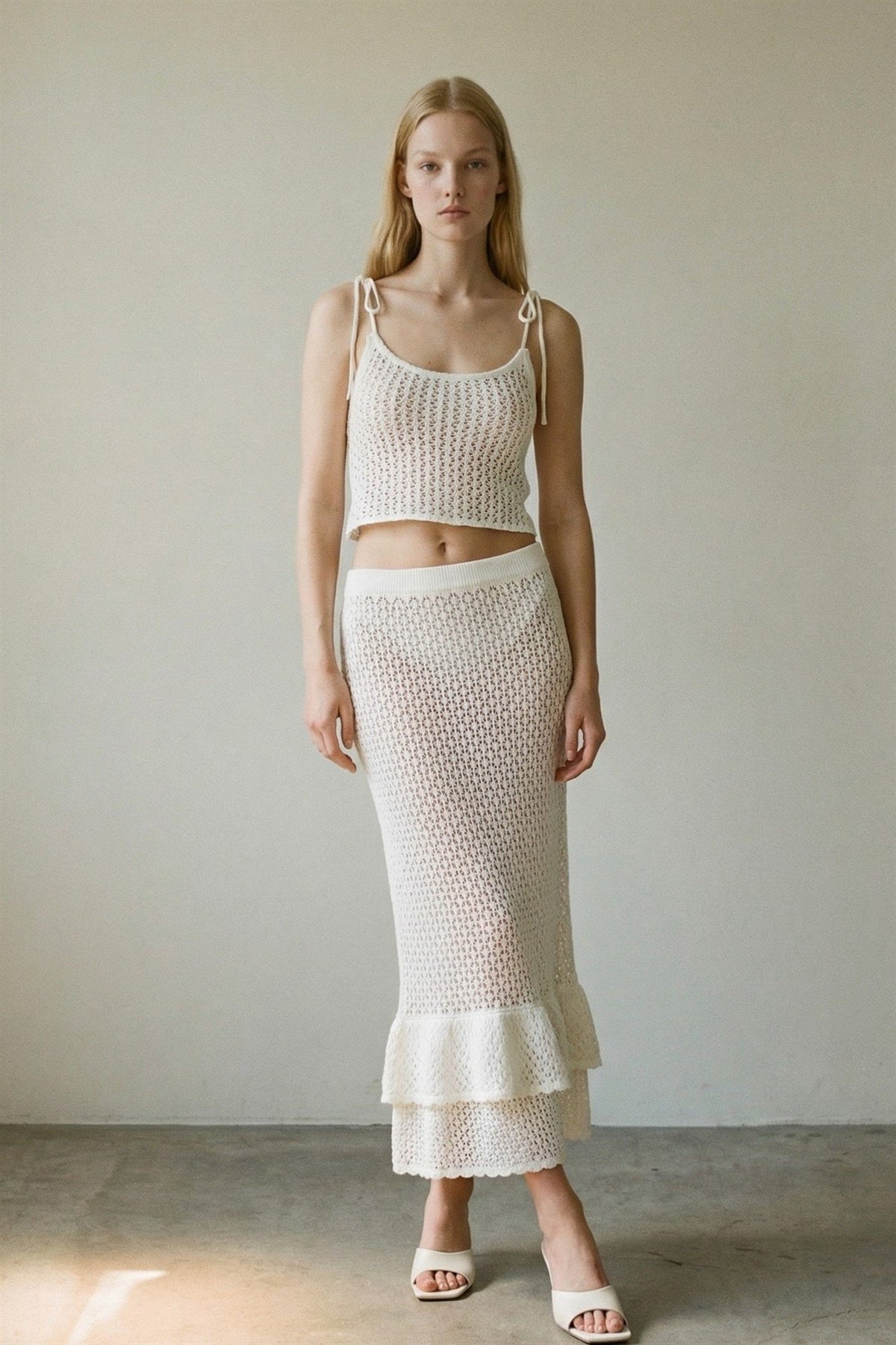 Crochet Knit Cami Top Ruffle Skirt Set