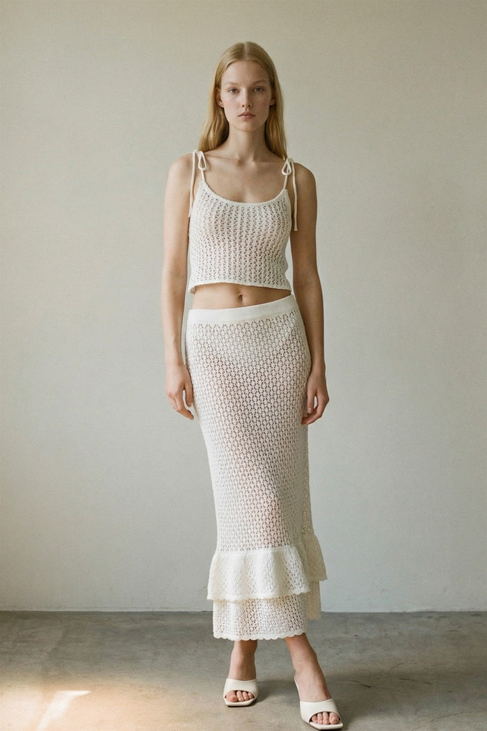Crochet Knit Cami Top Ruffle Skirt Set