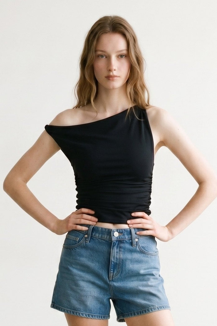 Asymmetrical One Shoulder Stretch Knit Twist Top