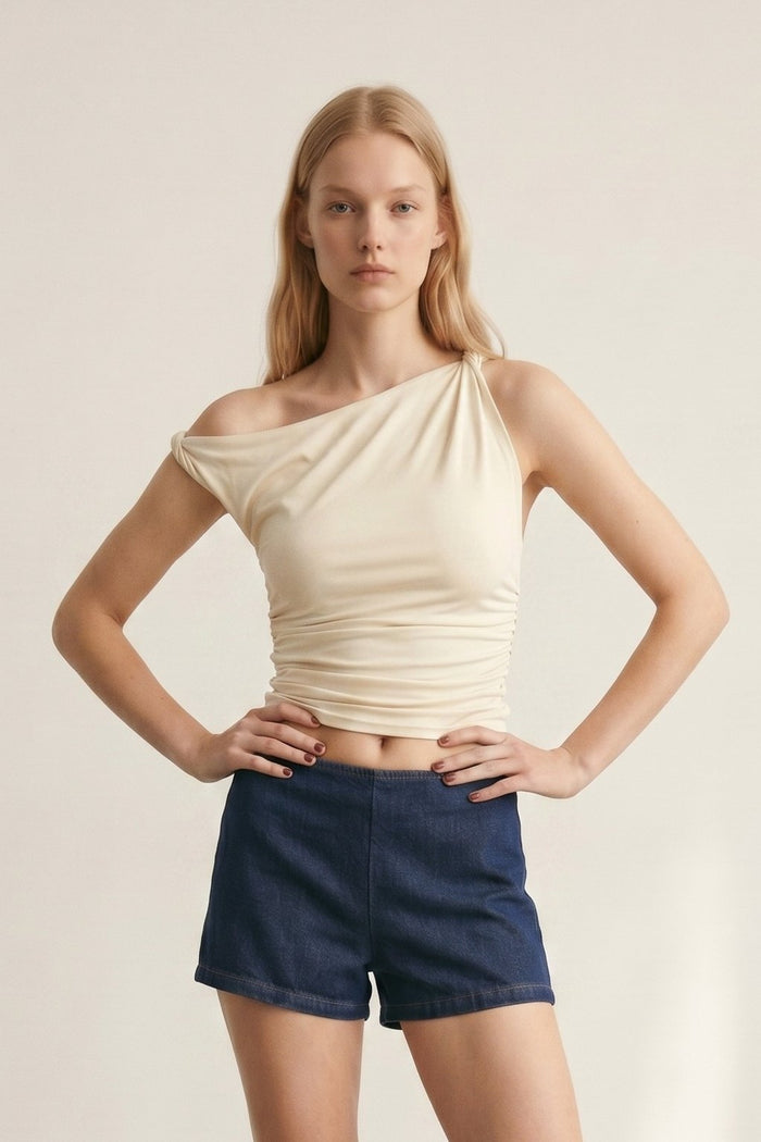 Asymmetrical One Shoulder Stretch Knit Twist Top