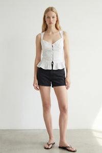 White Sweetheart Neck Peplum Button Front Top