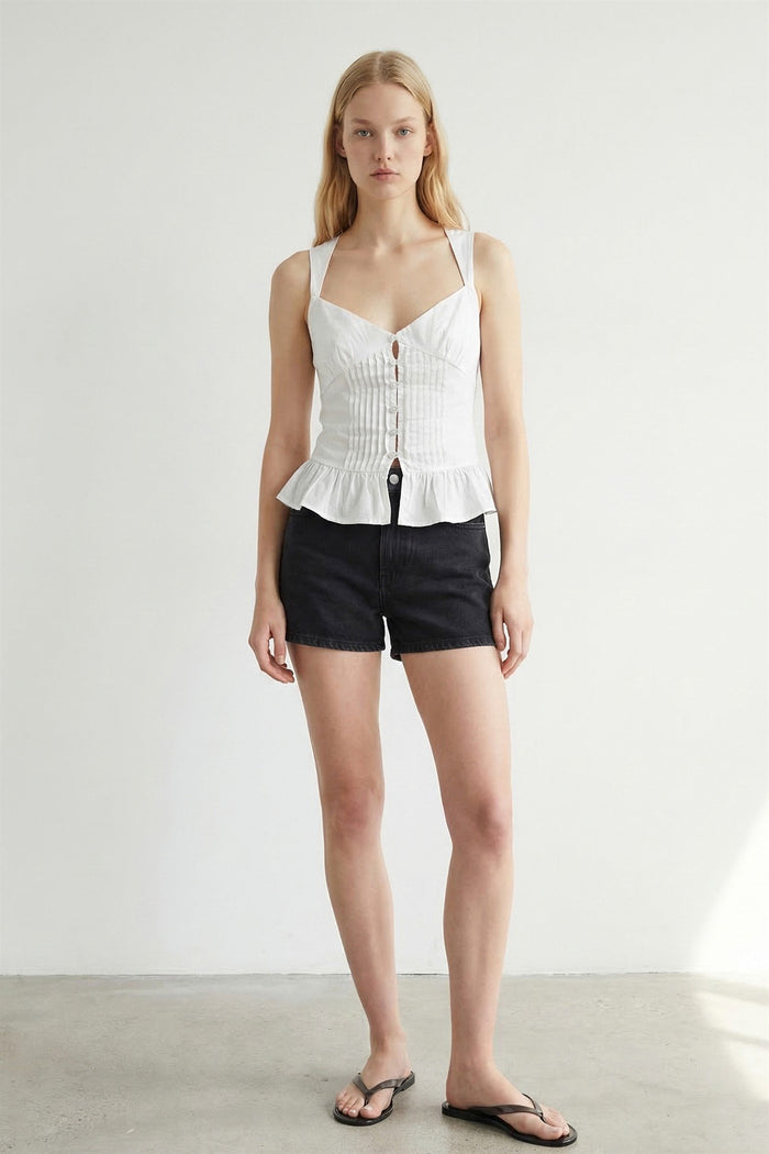 White Sweetheart Neck Peplum Button Front Top