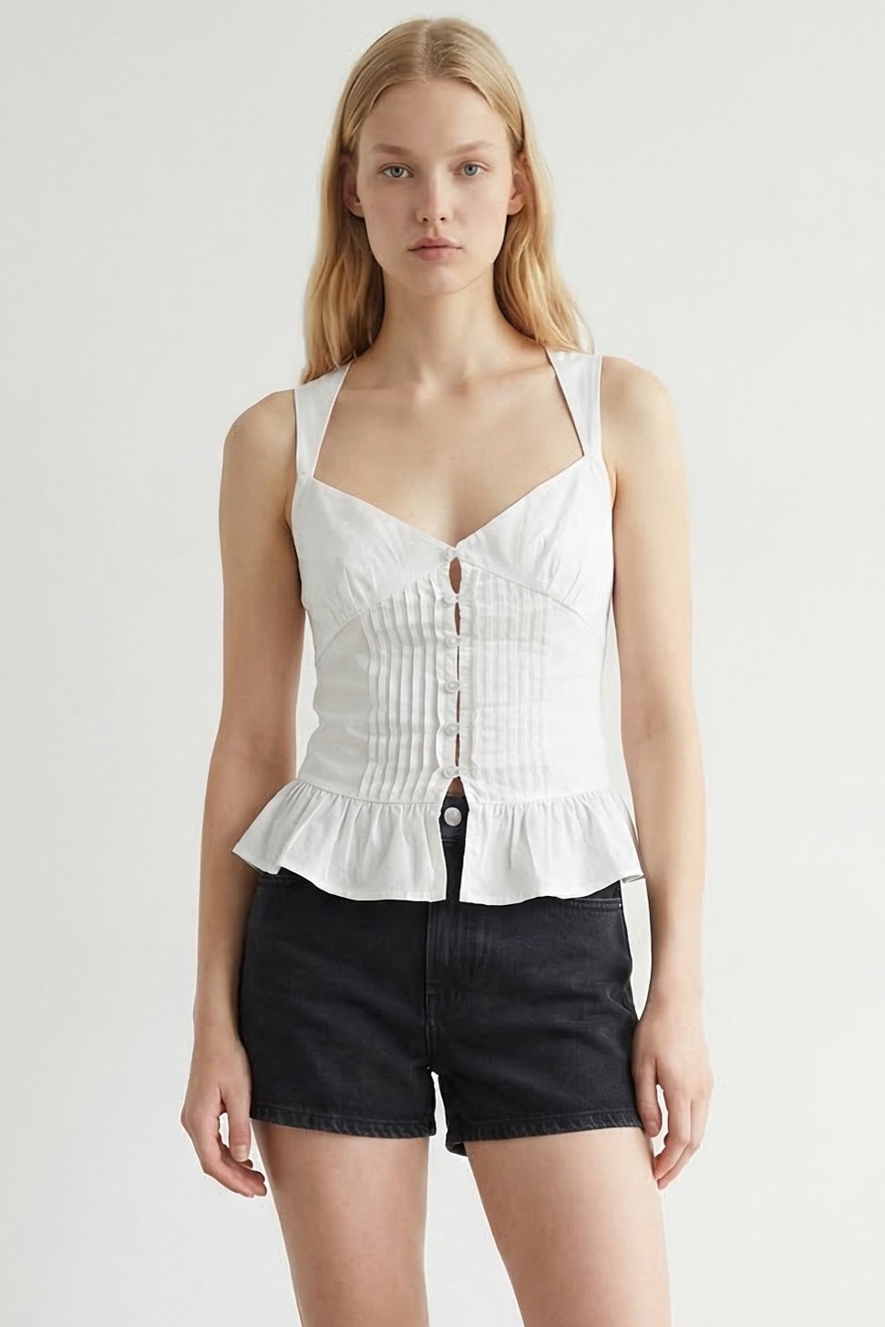 White Sweetheart Neck Peplum Button Front Top