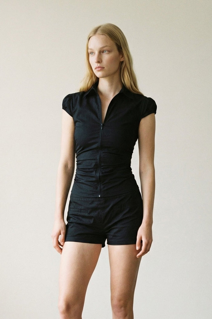 Zip Short Sleeve Blouse And Shorts Set