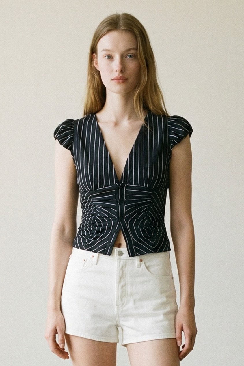 Striped Bubble Cap Sleeve Button-Up Shirt
