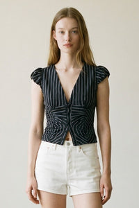 Striped Bubble Cap Sleeve Button-Up Shirt