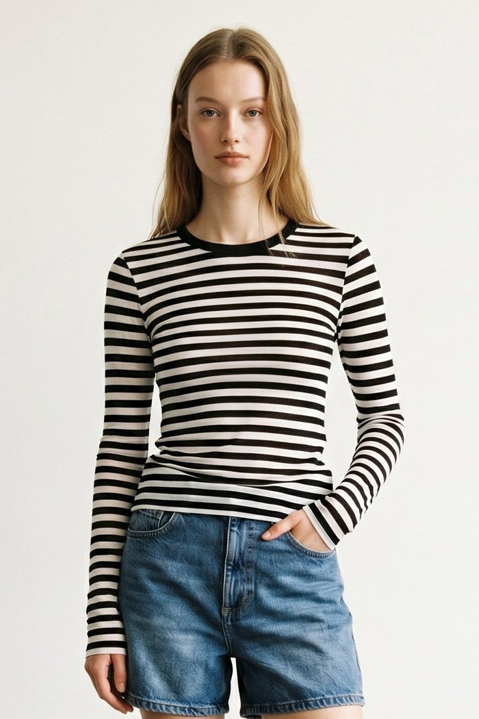 Stripe Print Sheer Long Sleeve Fitted Top