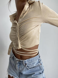 Ruched Button Up Slinky Knit Top