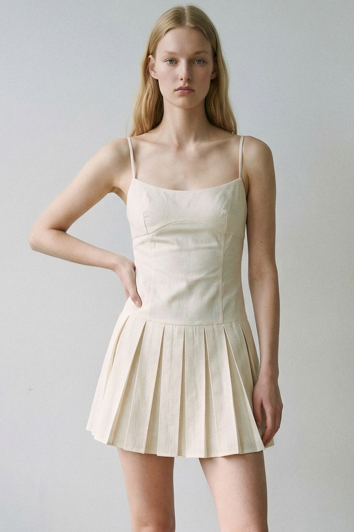 Linen Scoop Neck Pleated Mini Dress