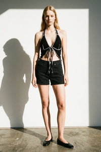 Contrast Stitch Sheer Self Tie Halter Top