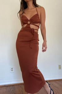 Halter Neck Tie Detail Cut-Out Midi Dress