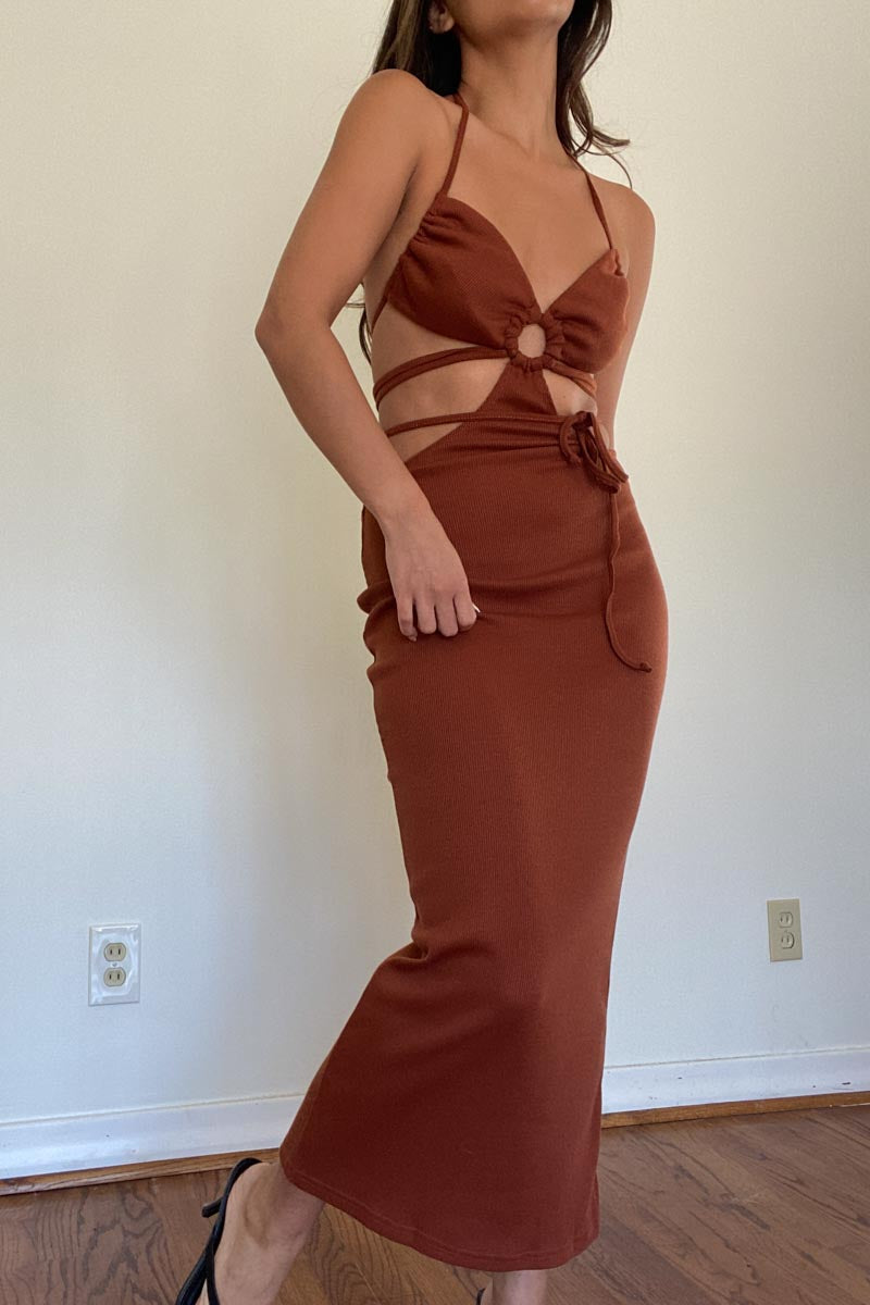 Halter Neck Tie Detail Cut-Out Midi Dress