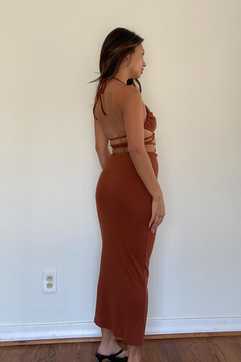 Halter Neck Tie Detail Cut-Out Midi Dress