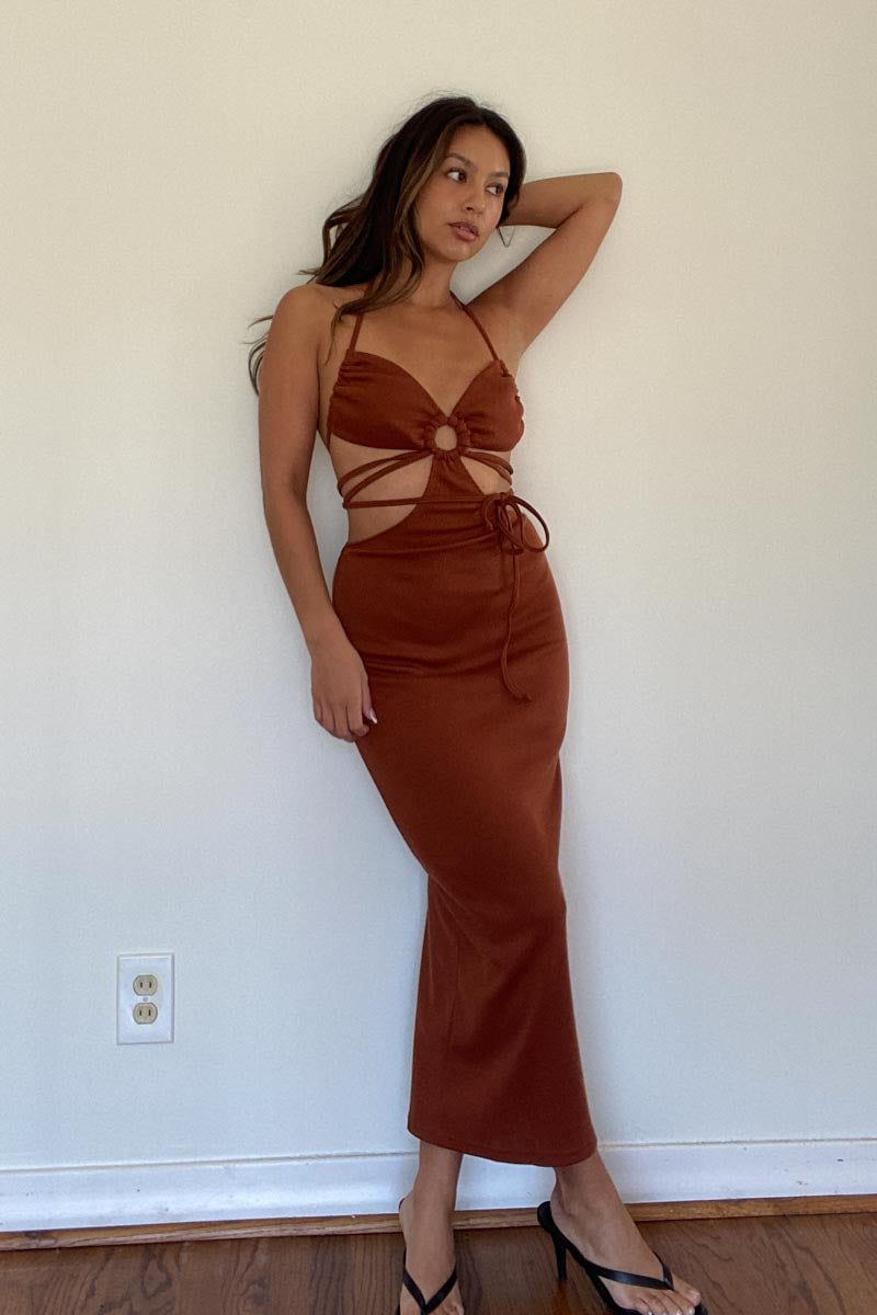 Halter Neck Tie Detail Cut-Out Midi Dress