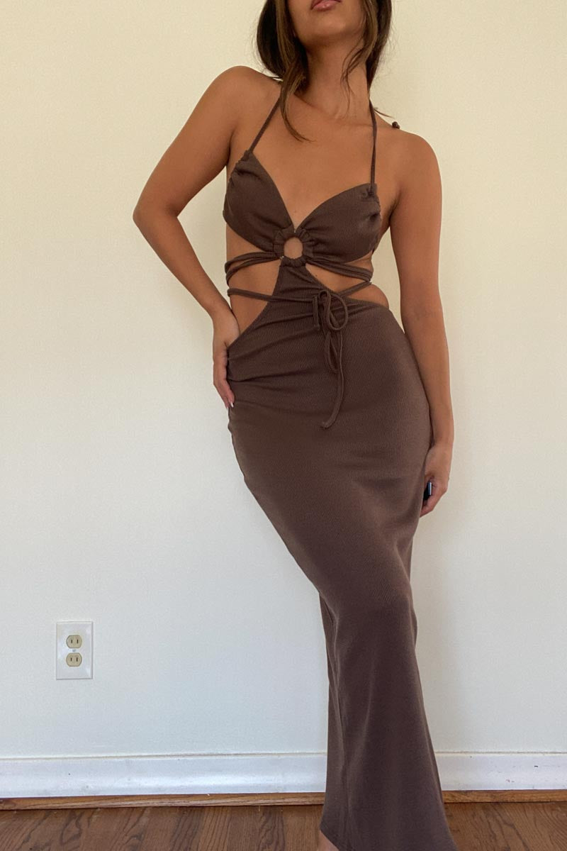 Halter Neck Side Cut-out with Tie Detail Midi Dress