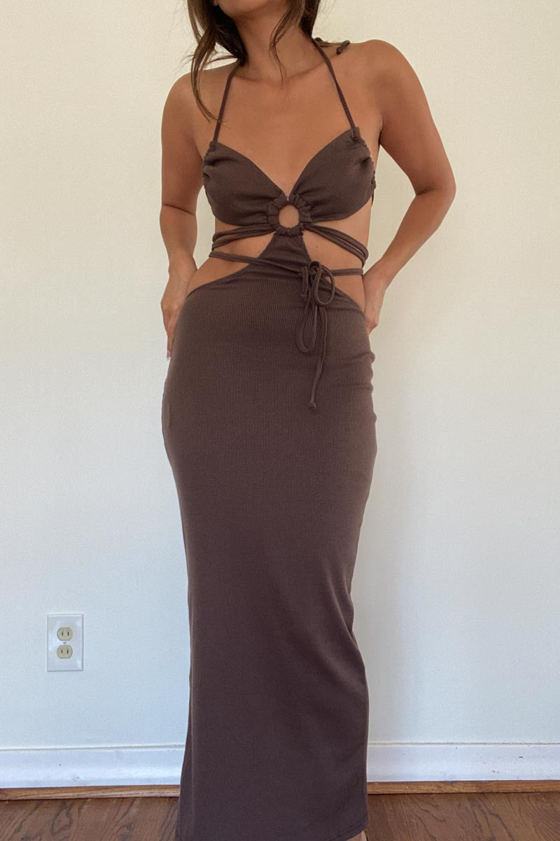 Halter Neck Tie Detail Cut-Out Midi Dress