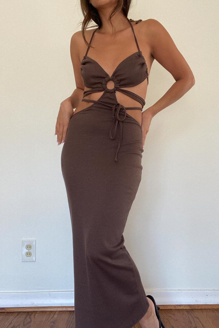 Halter Neck Tie Detail Cut-Out Midi Dress | Knit Rib The Oures Halter Neck Tie Detail Cut-Out Midi Dress | Knit Rib The Oures