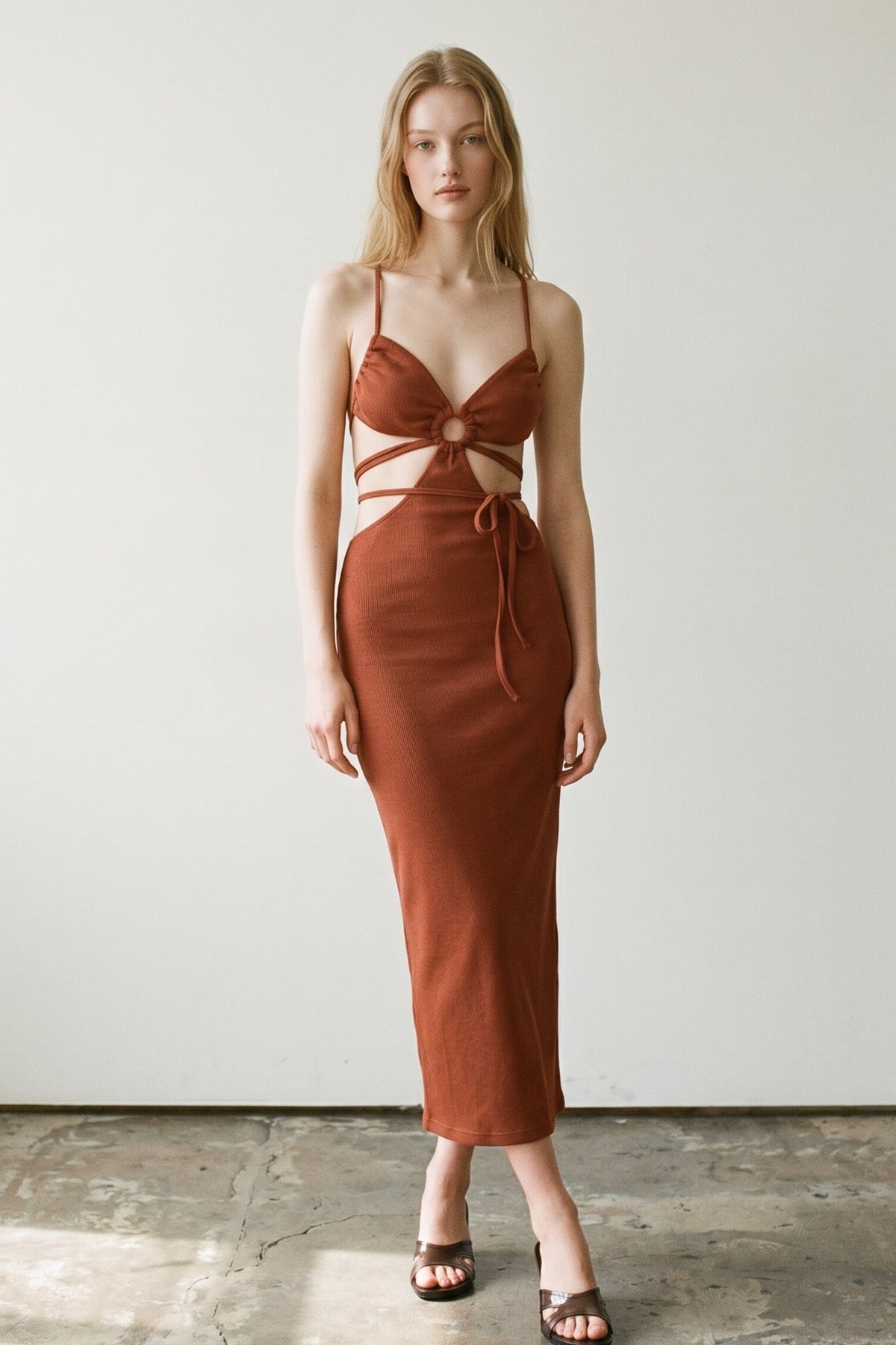 Halter Neck Tie Detail Cut-Out Midi Dress