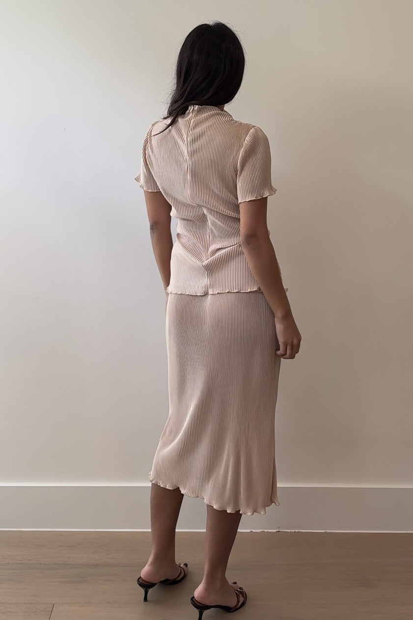Pleated Satin Two Piece Skirt Set