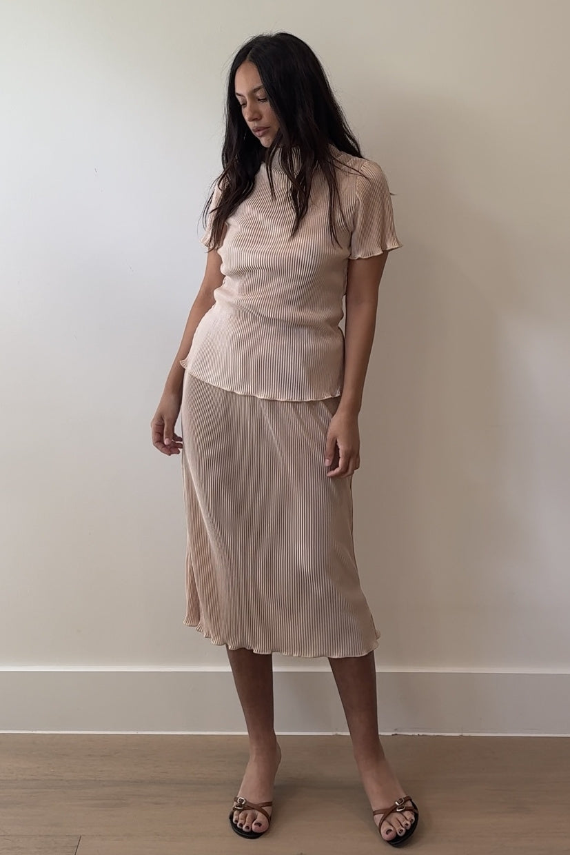 Pleated Satin Two Piece Skirt Set