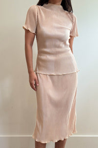 Pleated Satin Two Piece Skirt Set